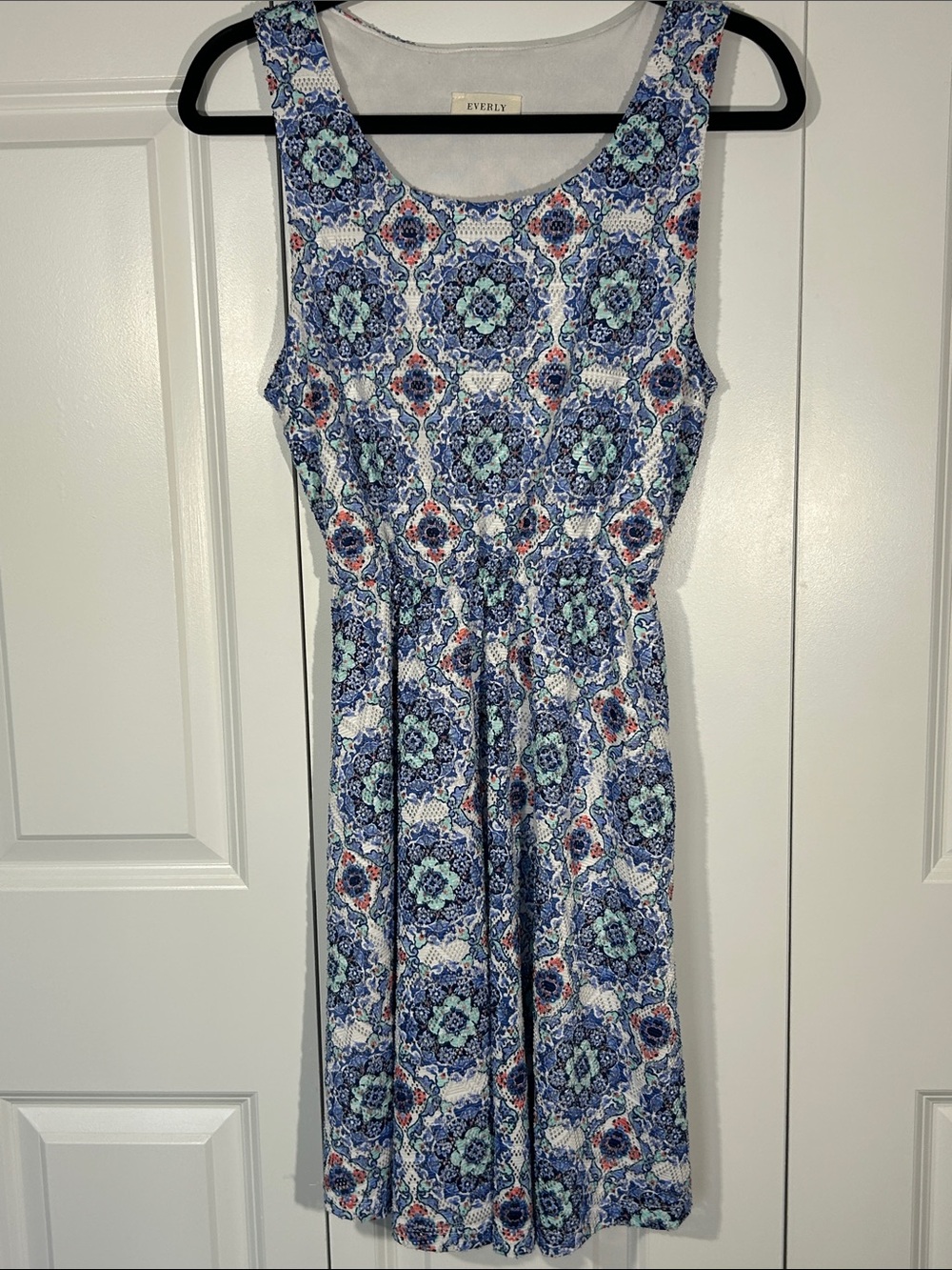 Everly Blue and Aqua Patterned Sleeveless Midi Dress